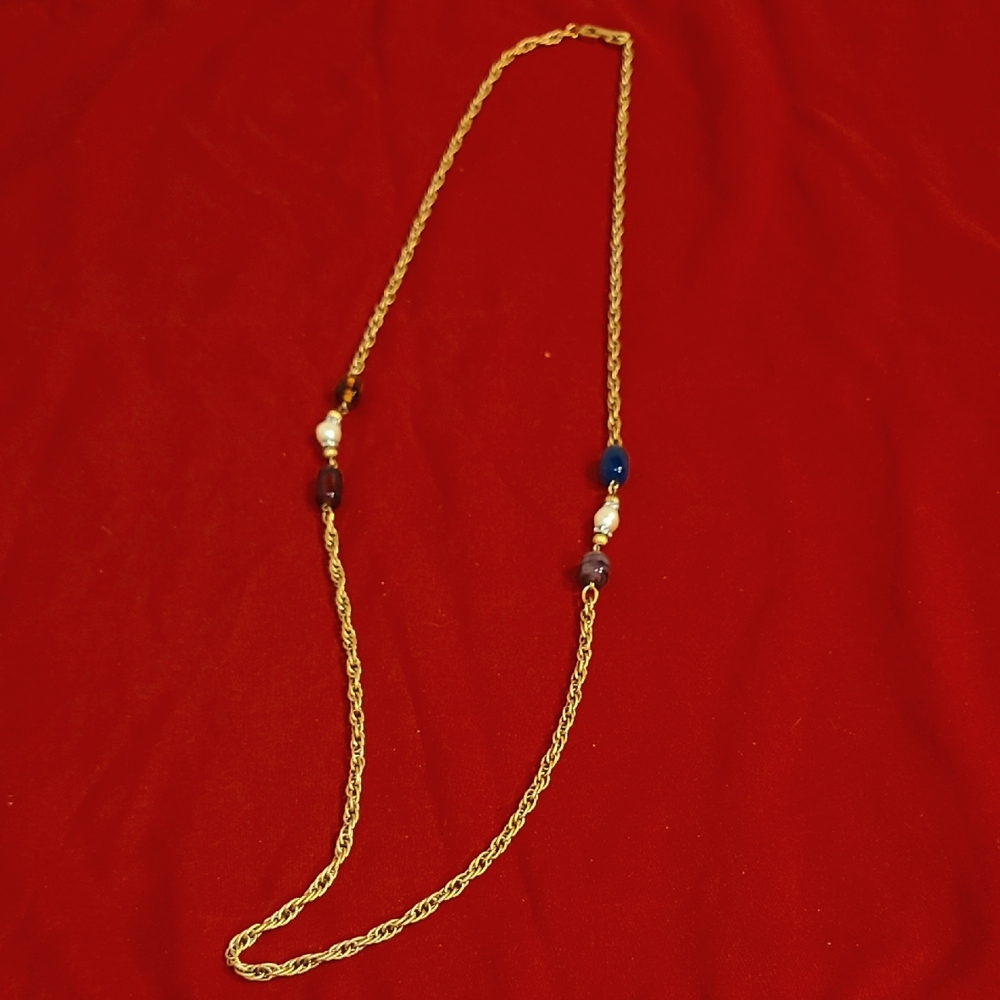 Vintage Givenchy 36inch Gold Necklace With Gripoix Beads And Faux Pearl